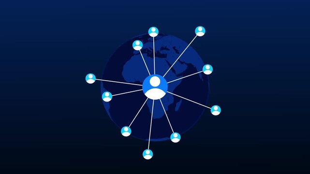 User profiles map corporate employee human resource teams. Strategic community networks link business partners. Animation user profiles HR collaborative.