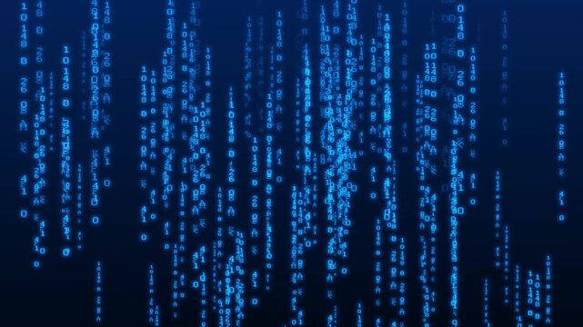 Numeric elements fall across dark information backgrounds. Seamless data code matrices provide layout space. Animated numeric elements data matrix sequence.