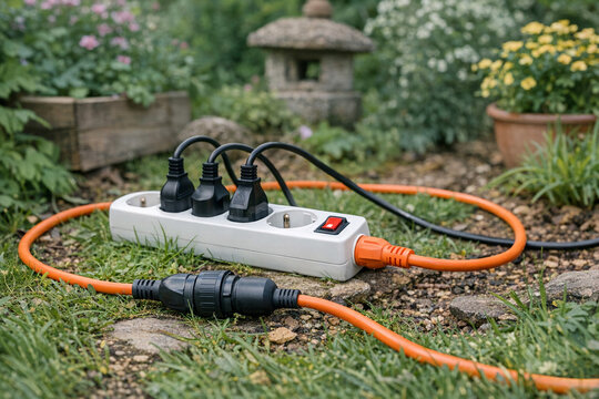 An outdoor surge protector power strip with multiple sockets and a long orange extension cord plugged into it.