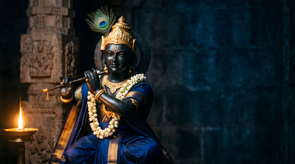 Fototapeta premium Lord Krishna dark stone idol playing flute with pearl garland inside dimly lit temple shrine
