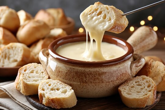 Delicious cheese fondue with crusty bread pieces being dipped into the warm, creamy, melted cheese.