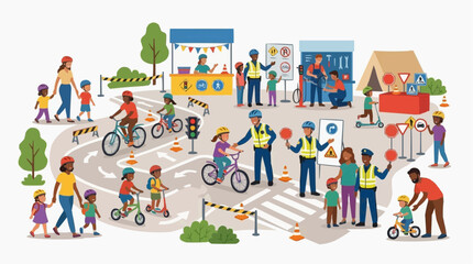 Fototapeta premium Community event to raise awareness about road safety and promote responsible behavior on the road. Flat 2D vector illustration, white background.