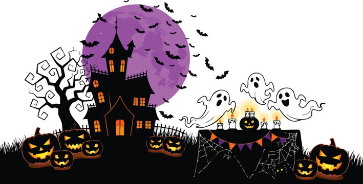 Festive Halloween Party Scene Featuring Haunted House Silhouette Glowing Jack O Lanterns Flying Bats Giant Purple Moon and Playful Ghosts