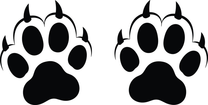 Animal paw print silhouettes, stylized footprints with claws for pet design, wildlife tracking, logo art, and vector illustration