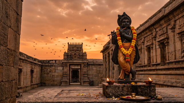 Lord Krishna idol playing flute with marigold garland inside ancient temple at dramatic sunset