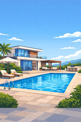 Fototapeta premium Stylish house and pool complex on a clear day