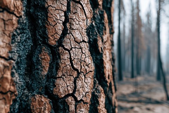 Close-up macro view of cracked, burnt tree bark texture with a blurred forest background of charred trees.