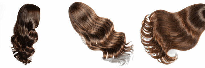 Fototapeta premium Long Wavy Brown Hair Extensions or Wig Transparent PNG Clipart Set, Human Hair Care Salon Collection, Fashion Beauty Grooming Bundle, Barber Graphic Design Elements Cutout Isolated Asset