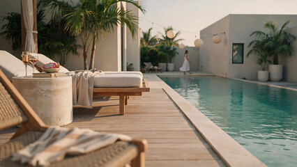 Fototapeta premium Woman walking by a luxury swimming pool with lounge chairs isolated on a transparent background