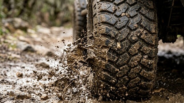 Close up of an off road tire splashing muddy water on a dirt track during driving
