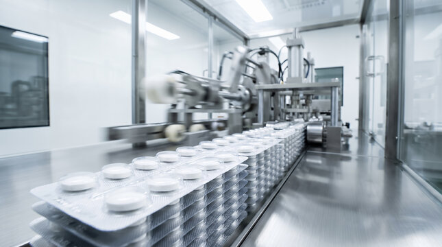 Automated pharmaceutical packaging conveyor line moving white blister packs with pills inside clean room production facility. Automation smart technology in manufacturing. Industry 4.0 with copy-space