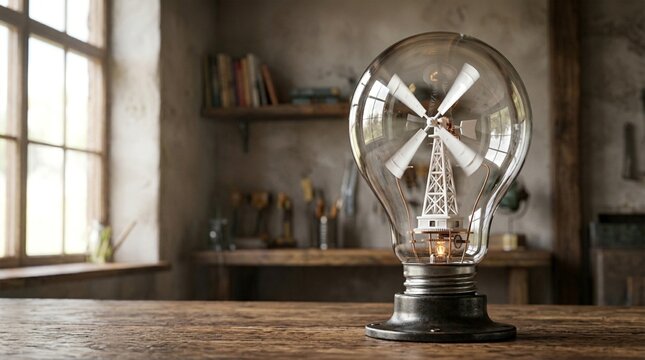 Miniature windmill inside a light bulb on a wooden table