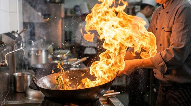 Chef cooking with intense flames in a wok on a professional kitchen stove