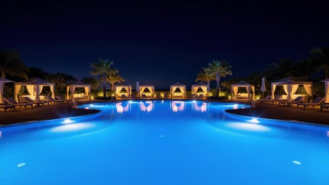 Nighttime swimming pool scene with illuminated structures and clear water