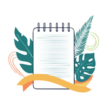 Notebook with tropical leaves flat design