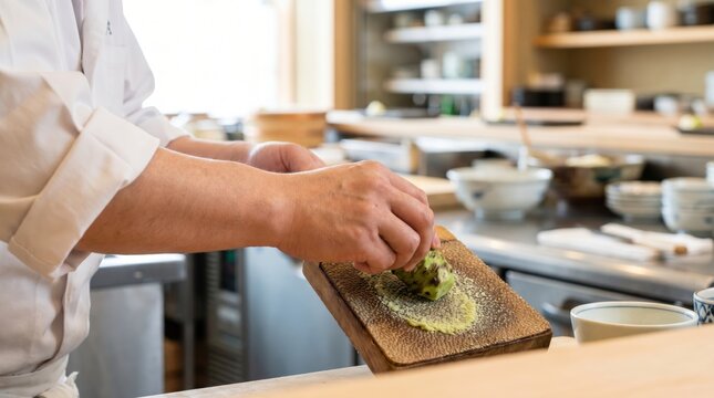 Japanese chef grating fresh green wasabi root on a traditional sharkskin grater