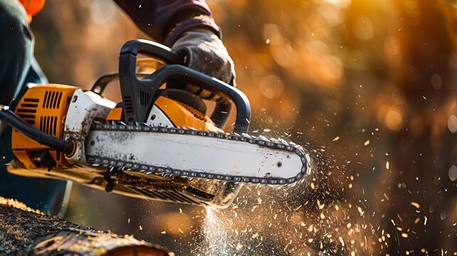 Worker in safety gear cutting large log with chainsaw, sawdust flying, forestry woodworking