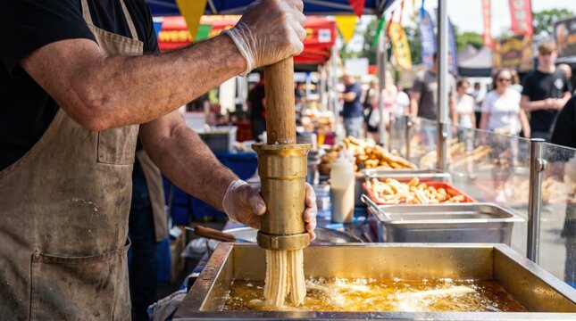 Street food vendor squeezing fresh churro dough from a brass extruder into hot oil