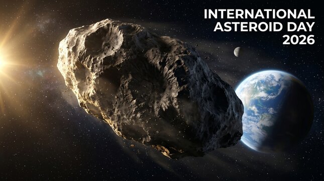 Large rocky asteroid floating through deep space near planet earth