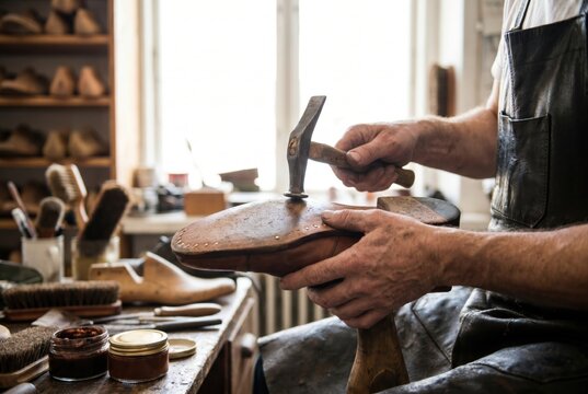 Traditional cobbler using a hammer to attach a leather sole to a wooden shoe last