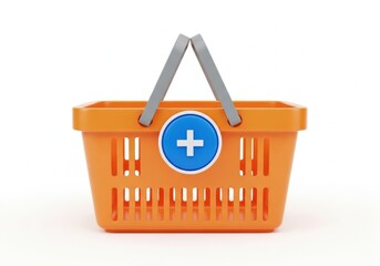Fototapeta premium Orange plastic shopping basket with blue plus sign icon isolated on white for ecommerce retail web