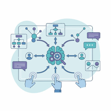 Illustration of a technological concept with a brain graphic surrounded by network connections and interactive elements, suggesting data analysis and artificial intelligence