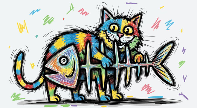 Colorful Hand-Drawn Cat Holding Fish Skeleton Sketch