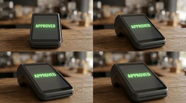 Point of sale terminal displaying 'APPROVED' message on screen in a coffee shop
