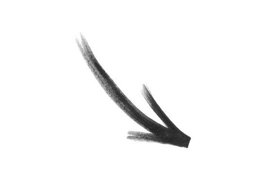 Hand-drawn black curved arrow pointing down right png, Minimalist crayon style sketch of a red arc indicator arrow, doodle illustration.
