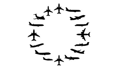 Fototapeta premium Modern Airplane Silhouette Vector Set with Flying Jet Icons in Black on White Background