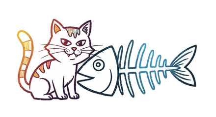 Obraz premium Cute Cartoon Cat with Fish Skeleton Illustration