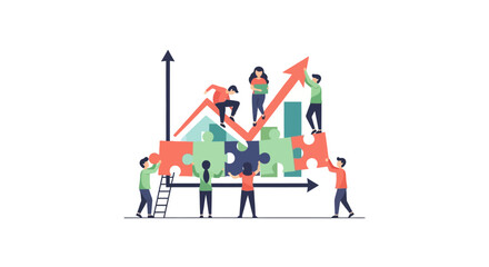 Fototapeta premium Teamwork building success with puzzle pieces and growing financial graph. Business collaboration, strategy, problem-solving, and achieving goals.