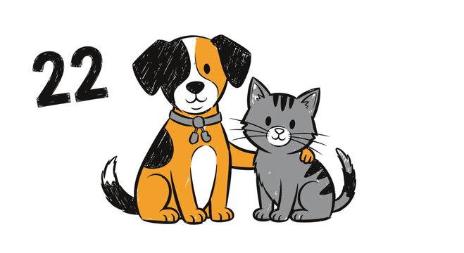Cute Cartoon Dog and Cat Best Friends Illustration with Number 22