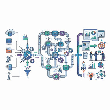 Data processing infographic illustrating the flow of information through a complex system of gears, pipes, and computers to reach a final output of charts and team collaboration.