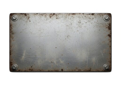 Rectangular metal plate with rust spots and bolts at corners isolated on a clean white background