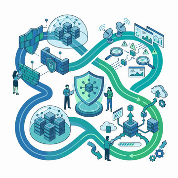 Abstract visualization of cybersecurity and data protection, depicting a digital network with shields, servers, and security personnel protecting data streams