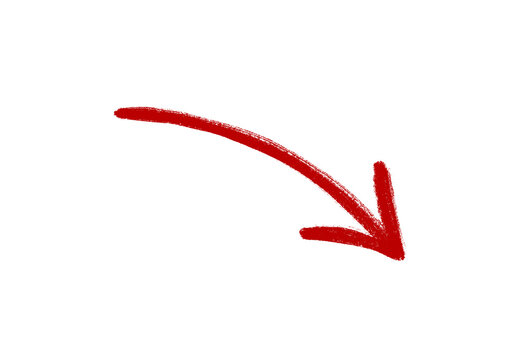 Hand-drawn red curved arrow pointing down right png, Minimalist crayon style sketch of a black arc indicator arrow, doodle illustration