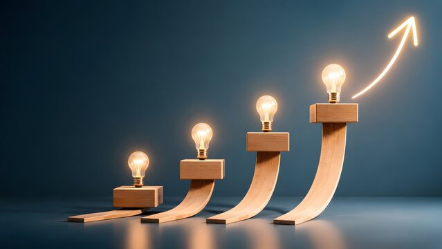 Ascending wooden steps with glowing lightbulbs and upward arrow representing creative progression business success and growing ideas