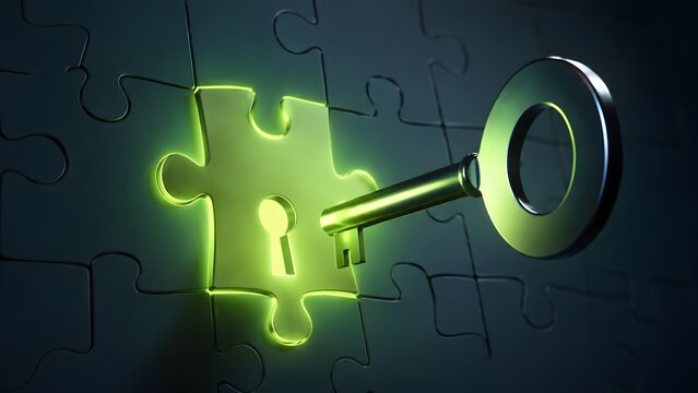 Glowing green puzzle piece with key unlocking keyhole representing business solution strategy and finding the missing answer