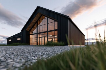 Fototapeta premium Modern black barn with large glass facade and wooden interior, featuring a deer silhouette at dusk.