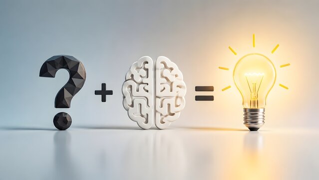 Geometric question mark plus abstract brain equals glowing lightbulb representing creative problem solving and smart business solutions