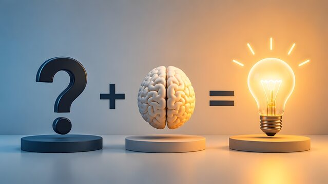 Question mark plus human brain equals glowing lightbulb on pedestals representing smart idea generation and creative problem solving