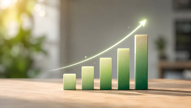Sustainable Business Growth and Financial Success Concept with Green Bar Chart and Arrow