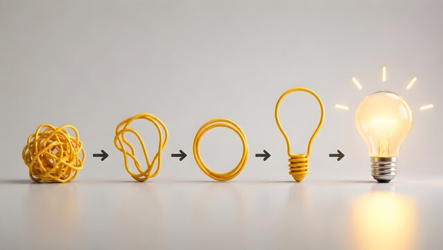 Tangled wire transforming into a glowing lightbulb representing the process of problem solving, simplifying complexity, and creative idea generation