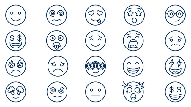 Modern outline emoji set with various facial expressions.