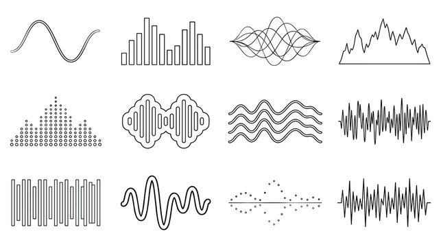 Set of audio waveform and sound frequency lines icons.