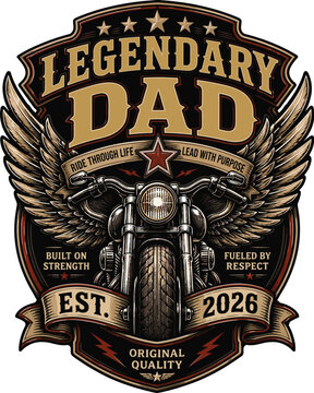 Legendary Dad Vintage Motorcycle Club Badge Design, vintage motorcycle inspired dad design featuring bold wings, classic bike styling and legendary father pride
