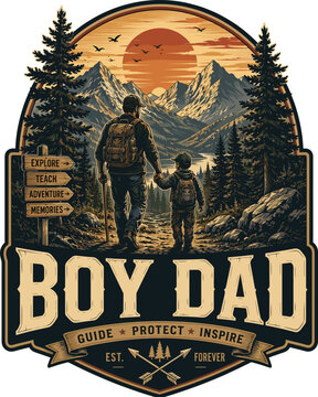 Boy Dad Vintage Father Son Outdoor Adventure Design, heartwarming father and son adventure design featuring mountain trails, wilderness exploration and lifelong memories
