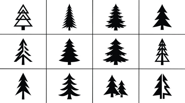 Collection of various pine tree silhouettes.