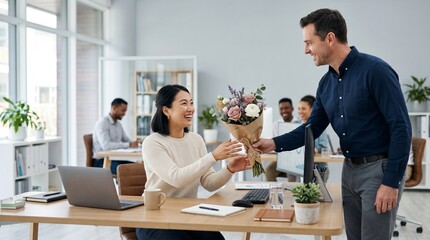 Fototapeta premium Man giving flowers to woman in office while smiling and working 